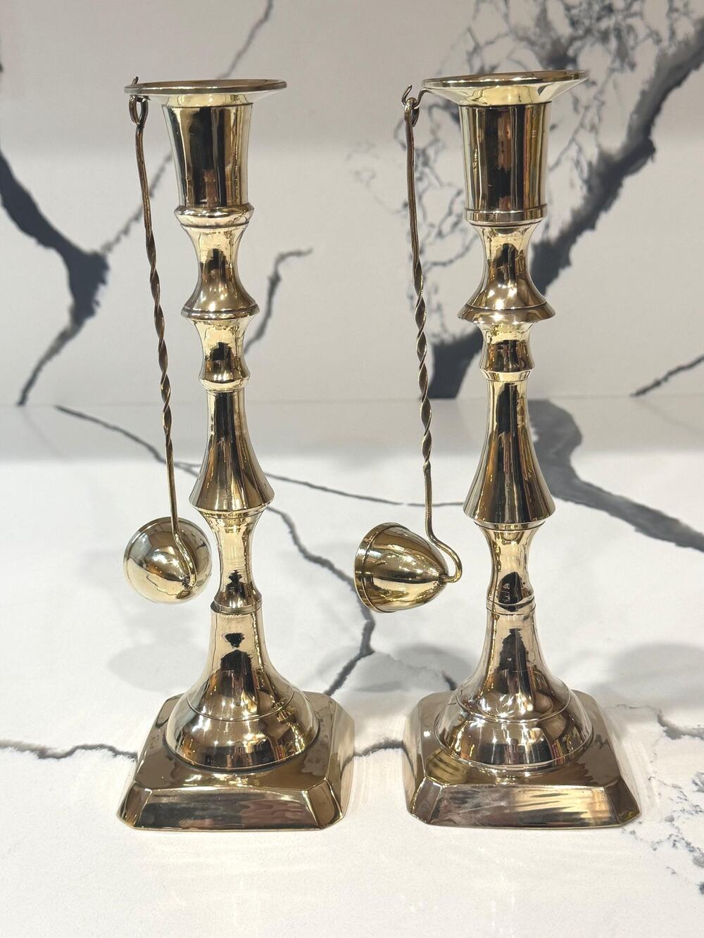 Vintage Brass Taper Candle Holders with Snuffers, Pair